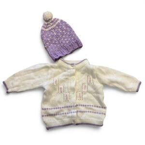 Adorable 12 month vintage baby cardigan and handmade knit hat set in purple